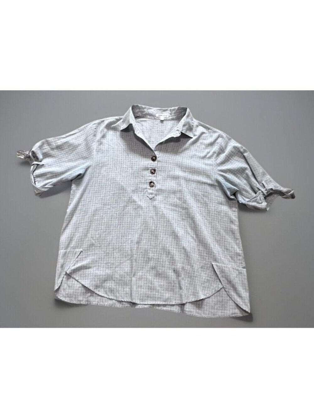 Roommates Cotton Linen Casual Blouse Tunic Top Check Blue Bow Sleeve Womens 2X